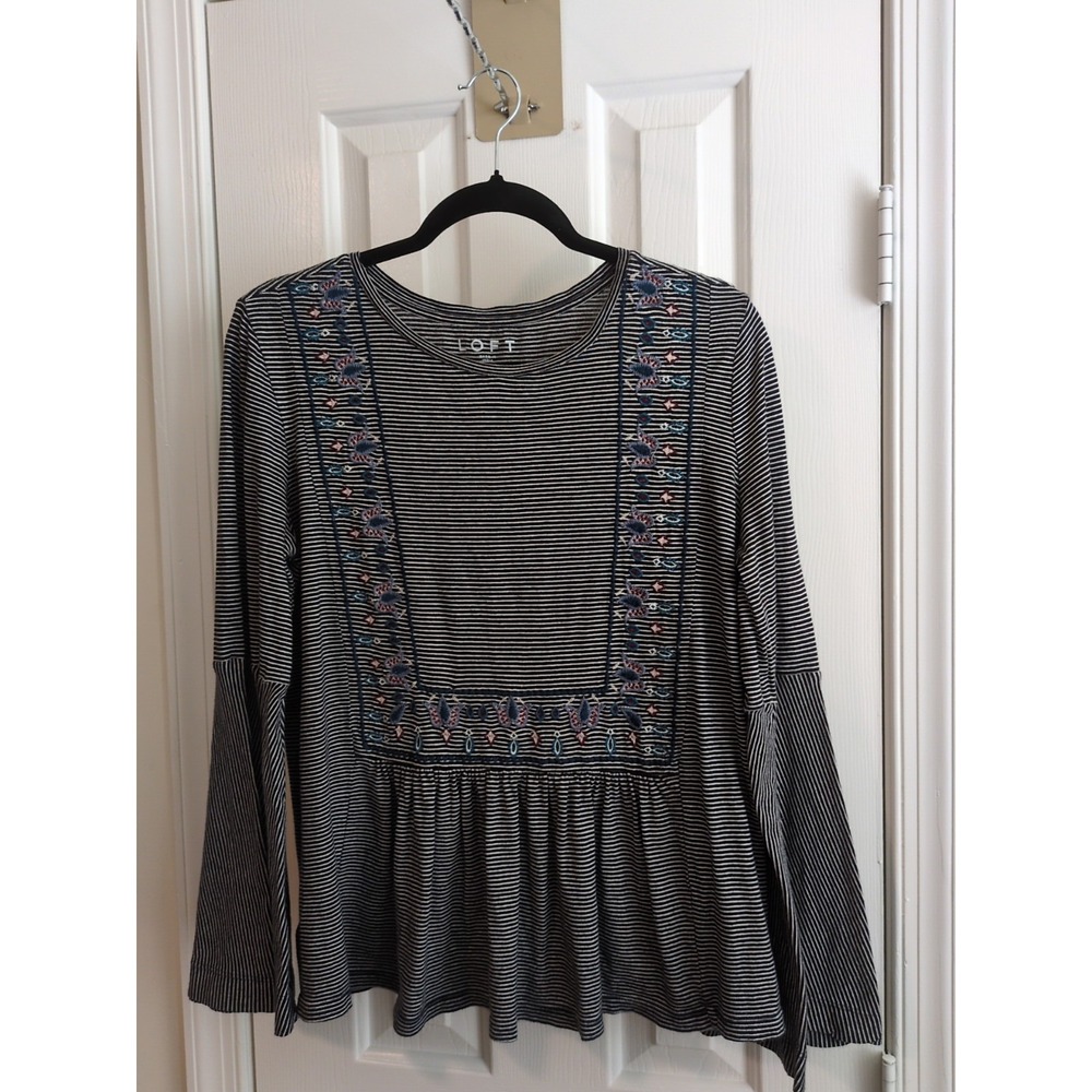 LOFT Black & White Stripe Boho Embroidered Long Flared Sleeve  Knit Top Size M